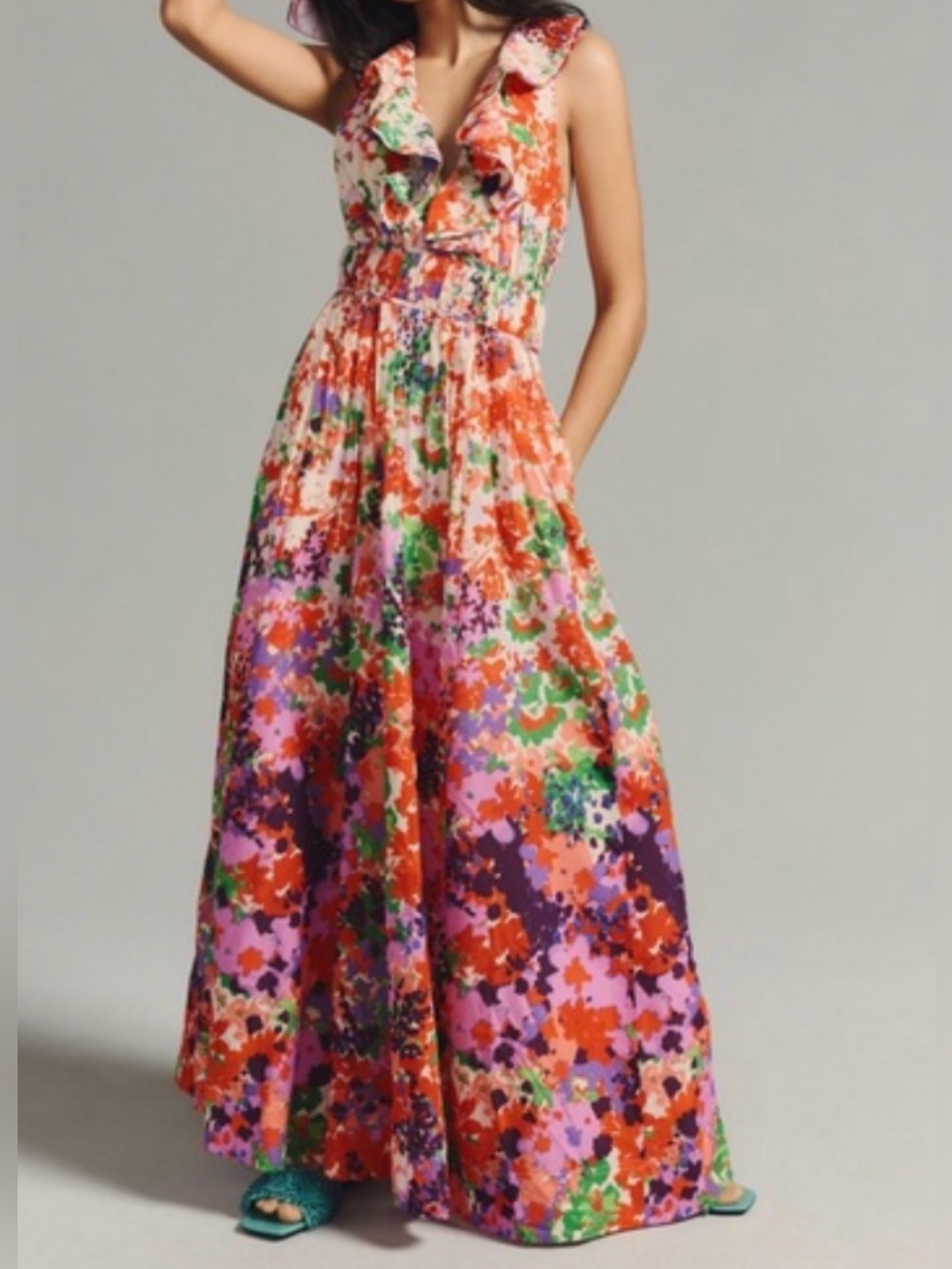 Anthropologie Maeve Ruffled V-Neck Botanical Floral Maxi Dress Size 10 - Picture 2 of 8